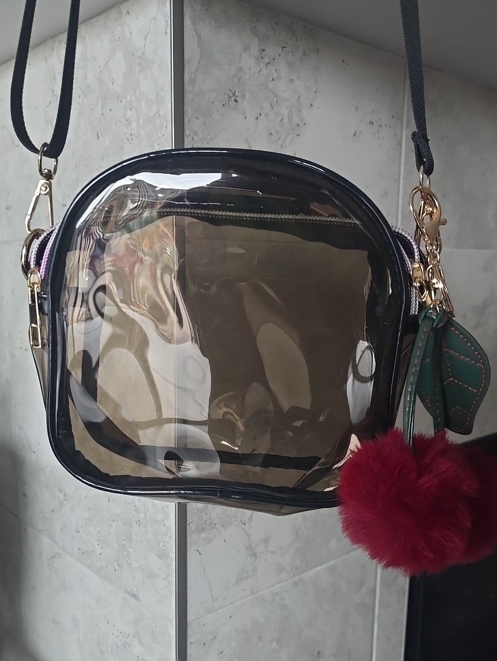 Clear Black Crossbody Bag with Red Cherry Pom Pom Charm